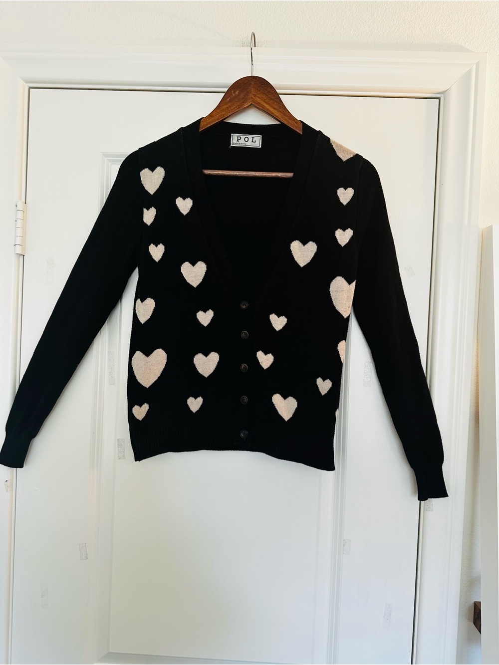 POL Black Cardigan with Cream Heart Motif Small